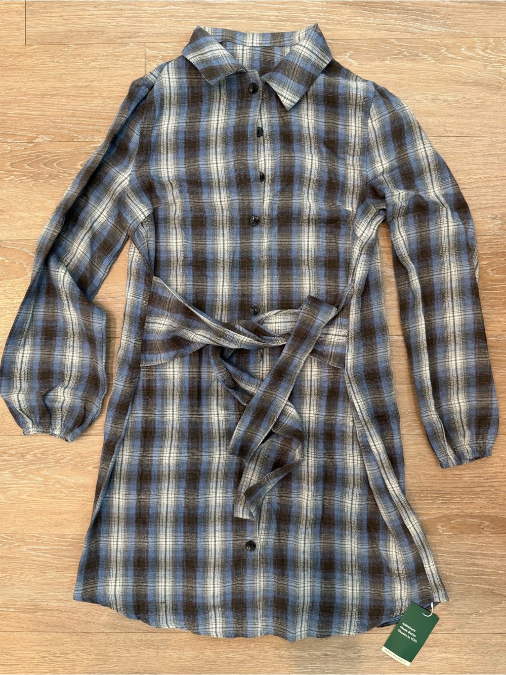 NWT HALARA Blue and White Plaid Shirt Dress Size Small